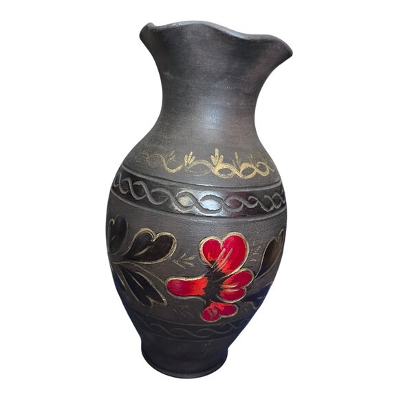 VINTAGE Red Floral Pottery Vase 9 1/2" Tall Gold Trim Ruffled Edge - Picture 3 of 9